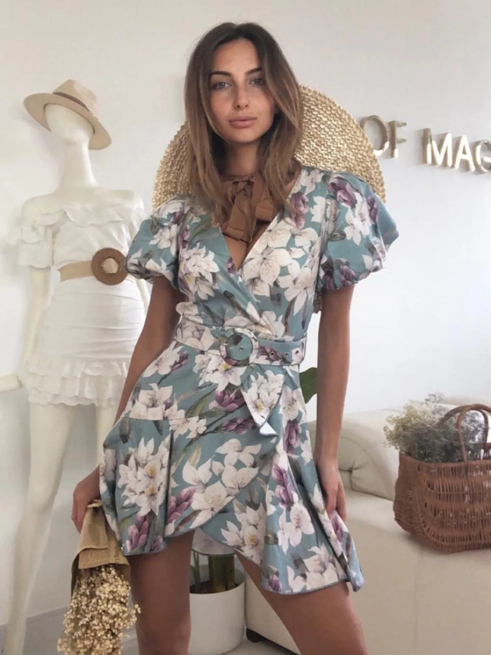 Fashion Nova Cottagecore Floral Puff Sleeve Wrap Mini Dress Belted Sz S